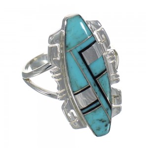 Southwest Jet And Turquoise Inlay Silver Jewelry Ring Size 5-1/4 AX82434