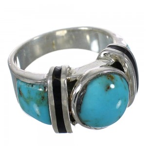 Jet And Turquoise Inlay Authentic Sterling Silver Ring Size 7-1/2 AX82470