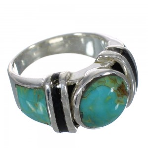 Silver Southwestern Jet And Turquoise Ring Size 7-1/4 AX82558