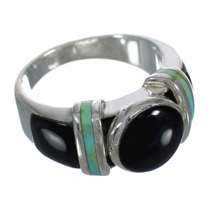 Turquoise And Jet Inlay Silver Southwestern Ring Size 6-1/4 AX82656