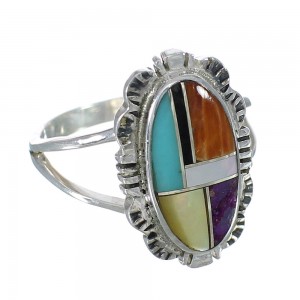 Genuine Sterling Silver And Multicolor Southwestern Ring Size 7-1/2 YX75053