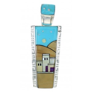 Southwest Silver Multicolor Inlay Native American Village Design Pendant MX64262