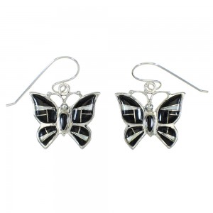 Jet And Mother Of Pearl Butterfly Sterling Silver Southwest Hook Earrings WX63396