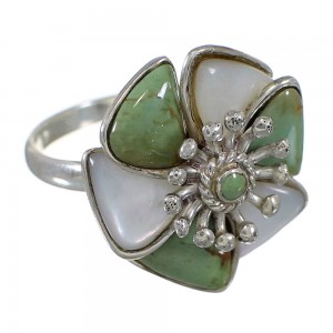 Turquoise Mother Of Pearl Authentic Sterling Silver Southwest Flower Ring Size 7-1/4 QX75777