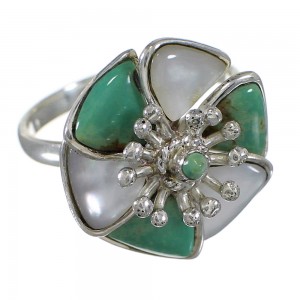 Turquoise Mother Of Pearl Southwestern Silver Flower Ring Size 8-1/4 QX75787