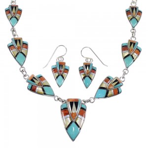 Southwestern Multicolor Inlay Genuine Sterling Silver Link Necklace Set WX71725