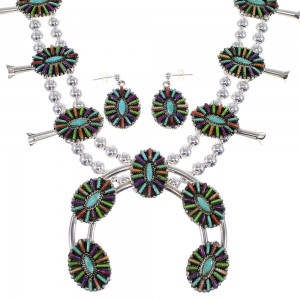 Southwest Multicolor Needlepoint Silver Squash Blossom Necklace Set WX71808