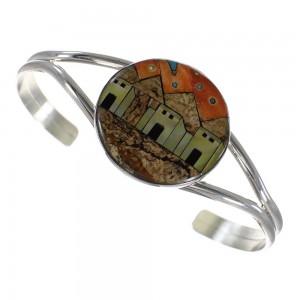 Southwest Sterling Silver Multicolor Native American Design Cuff Bracelet VX63909