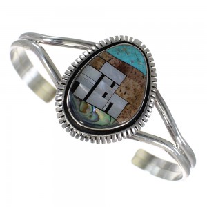 Genuine Sterling Silver And Multicolor Inlay Native American Village Design Cuff Bracelet VX63925