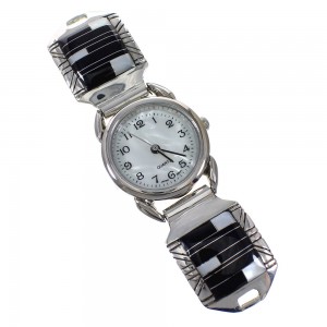 Mother Of Pearl Black Jade Genuine Sterling Silver Watch VX63984