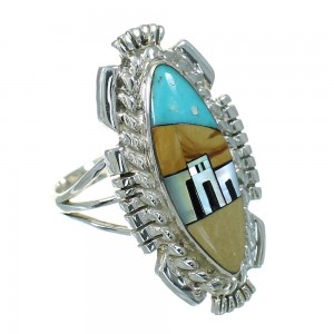 Silver Multicolor Inlay Southwest Native American Pueblo Design Ring Size 6-1/2 AX79293