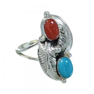 Southwest Turquoise Coral Genuine Sterling Silver Leaf Ring Size 4-3/4 AX81900