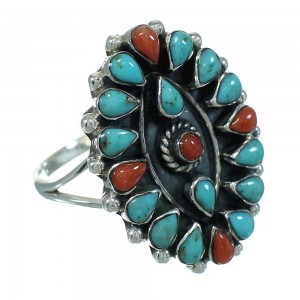 Southwestern Turquoise And Coral Genuine Sterling Silver Ring Size 8-1/2 AX82033