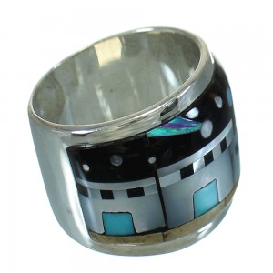 Silver Native American Pueblo Design Multicolor Ring Size 7-3/4 QX70455