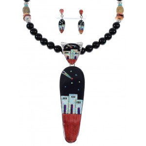 Native American Village Design Multicolor Silver Necklace And Earring Set WX65773