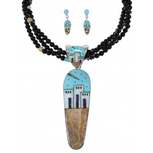 Native American Pueblo Design Multicolor Sterling Silver Necklace And Earring Set WX65801