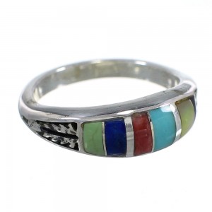 Southwestern Multicolor Inlay And Genuine Sterling Silver Ring Size 7-1/2 WX75341