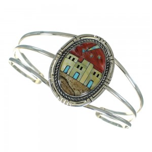 Sterling Silver Multicolor Inlay Native American Village Design Bracelet RX69132