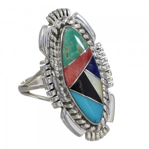 Sterling Silver Southwestern Multicolor Inlay Ring Size 7-1/4 QX77487