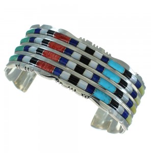 Genuine Sterling Silver Southwestern Multicolor Inlay Cuff Bracelet AX78089