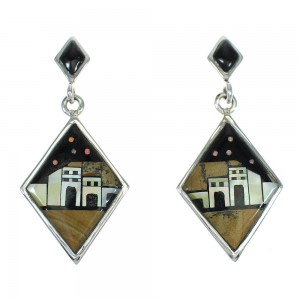 Native American Village Design Multicolor Silver Post Dangle Earrings AX81237