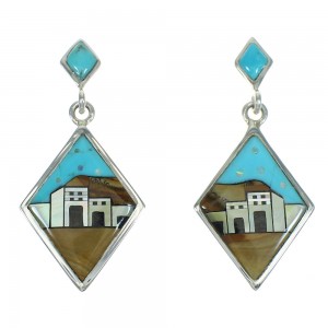 Silver Native American Pueblo Design Multicolor Post Dangle Earrings AX81252