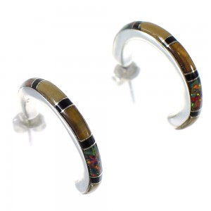 Sterling Silver Multicolor Inlay Southwestern Post Hoop Earrings RX65591