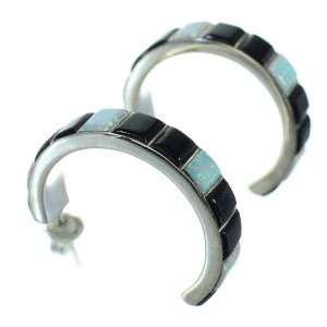 Sterling Silver Southwest Jet Opal Inlay Post Hoop Earrings RX65740