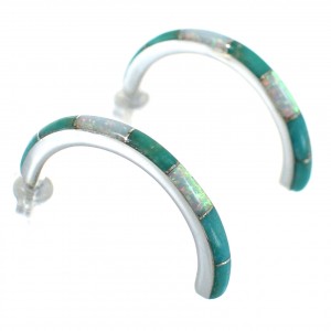 Sterling Silver Turquoise Opal Inlay Post Hoop Earrings RX66040