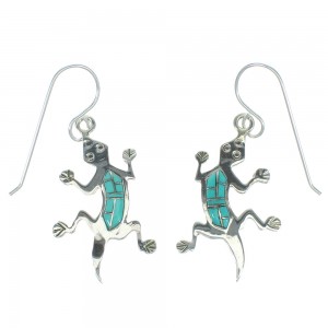 Turquoise Lizard Southwest Silver Hook Dangle Earrings AX67599