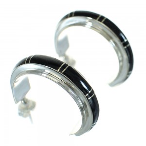 Southwest Jet Inlay And Genuine Sterling Silver Post Hoop Earrings WX66629