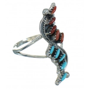 Turquoise And Coral Southwest Needlepoint Sterling Silver Ring Size 7-3/4 WX74833