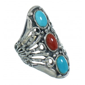 Southwestern Turquoise And Coral Sterling Silver Ring Size 5-1/4 WX74845