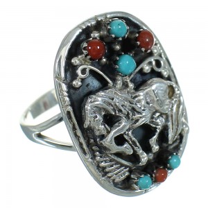 Horse Authentic Sterling Silver Southwest Turquoise Coral Ring Size 7-1/2 QX72533