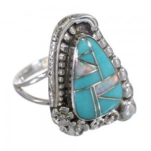 Opal Turquoise Silver Southwestern Flower Ring Size 6-1/2 YX83199