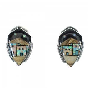 Native American Village Design Multicolor Silver Post Earrings YX71370