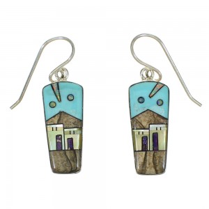 Native American Village Design Multicolor Silver Southwest Hook Dangle Earrings YX71387