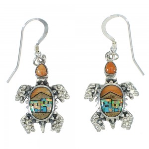 Native American Village Design Multicolor Silver Turtle Hook Dangle Earrings YX71415