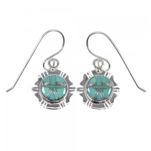 Southwestern Turquoise Inlay Genuine Sterling Silver Hook Dangle Earrings RX78663