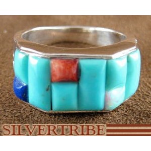 Turquoise Multicolor Inlay And Sterling Silver Ring Size 8-3/4 JS26071