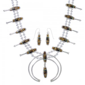 Multicolor Inlay Genuine Sterling Silver Southwest Squash Blossom Necklace Set RX94259