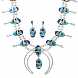 Multicolor Sterling Silver Squash Blossom Necklace Set AX94365