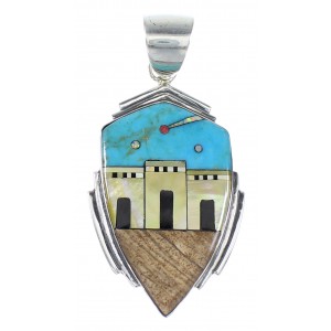 Authentic Sterling Silver Multicolor Native American Village Design Jewelry Pendant RX94533