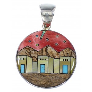 Sterling Silver Multicolor Native American Village Design Pendant RX94715