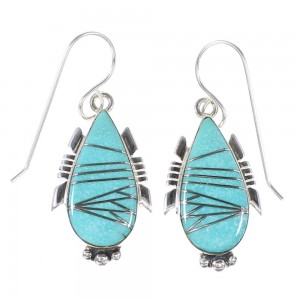 Turquoise Inlay Silver Southwestern Jewelry Hook Dangle Earrings AX94656