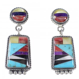 Multicolor Inlay Genuine Sterling Silver Post Dangle Earrings AX94675