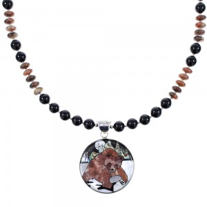 Sterling Silver Southwest Multicolor Inlay Bear Necklace Set AX94872