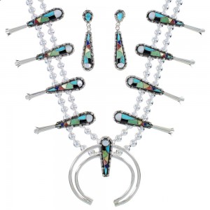 Multicolor Inlay Sterling Silver Southwest Squash Blossom Necklace Set AX94407