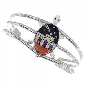 Multicolor Inlay Native American Village Design Turtle Sterling Silver Cuff Bracelet RX95895