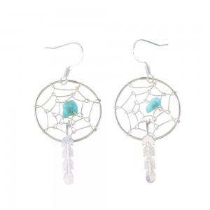 Turquoise Sterling Silver Navajo Dream Catcher Feather Hook Dangle Earrings AX97738